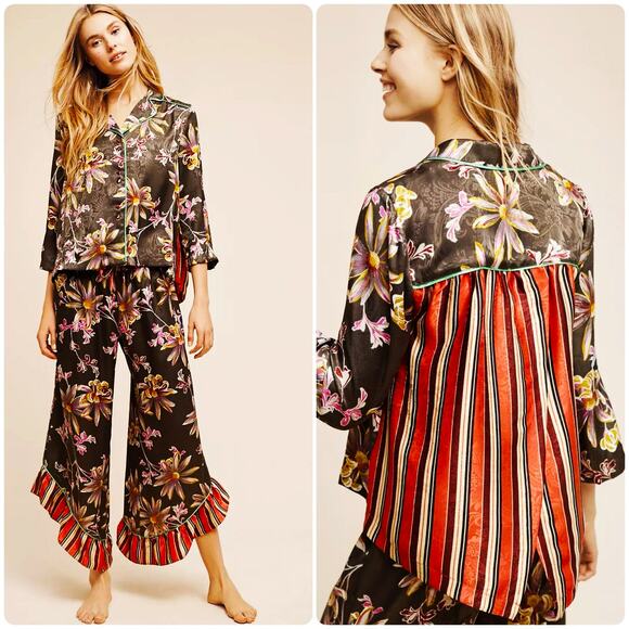 Anthropologie E By Eloise Women's Floral Stripe Satin Pajama Set Open Back Top - Picture 1 of 16
